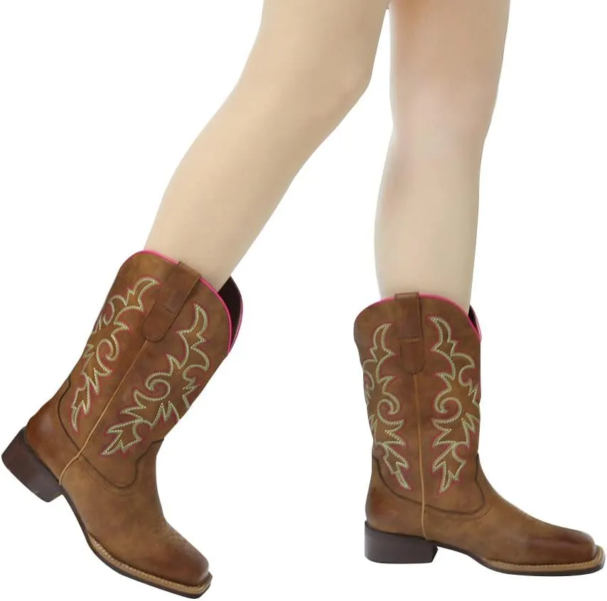 J's.o.l.e Fashion Cowboy Boots For Women Square Toe Wide Mid Calf Western Cowgirl Boots