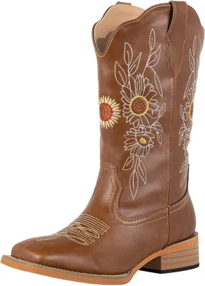 J's.o.l.e Floral Cowboy Boots for Women Square Toe Wide Calf Western Fashion Sunflower Cowgirl Boots