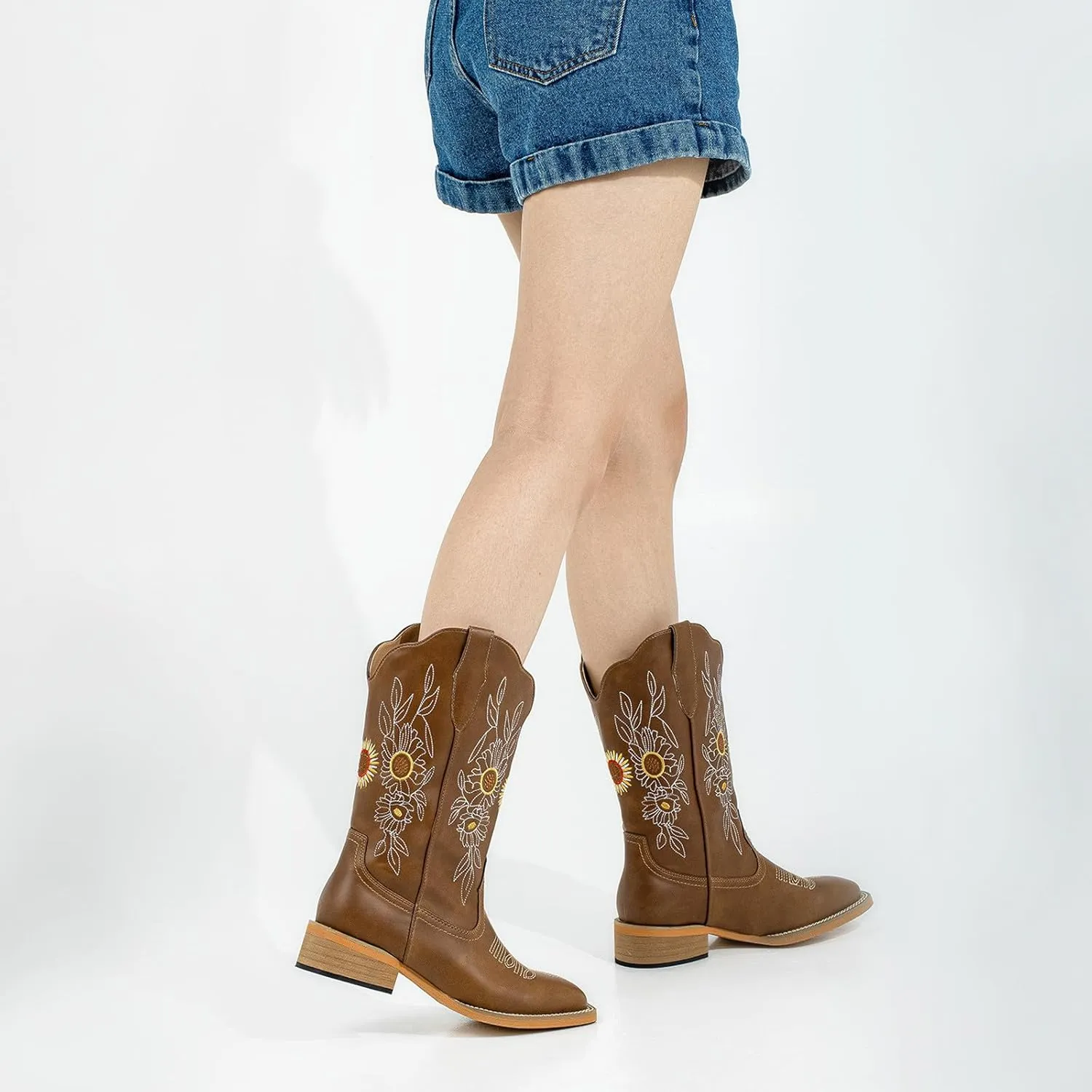J's.o.l.e Floral Cowboy Boots for Women Square Toe Wide Calf Western Fashion Sunflower Cowgirl Boots