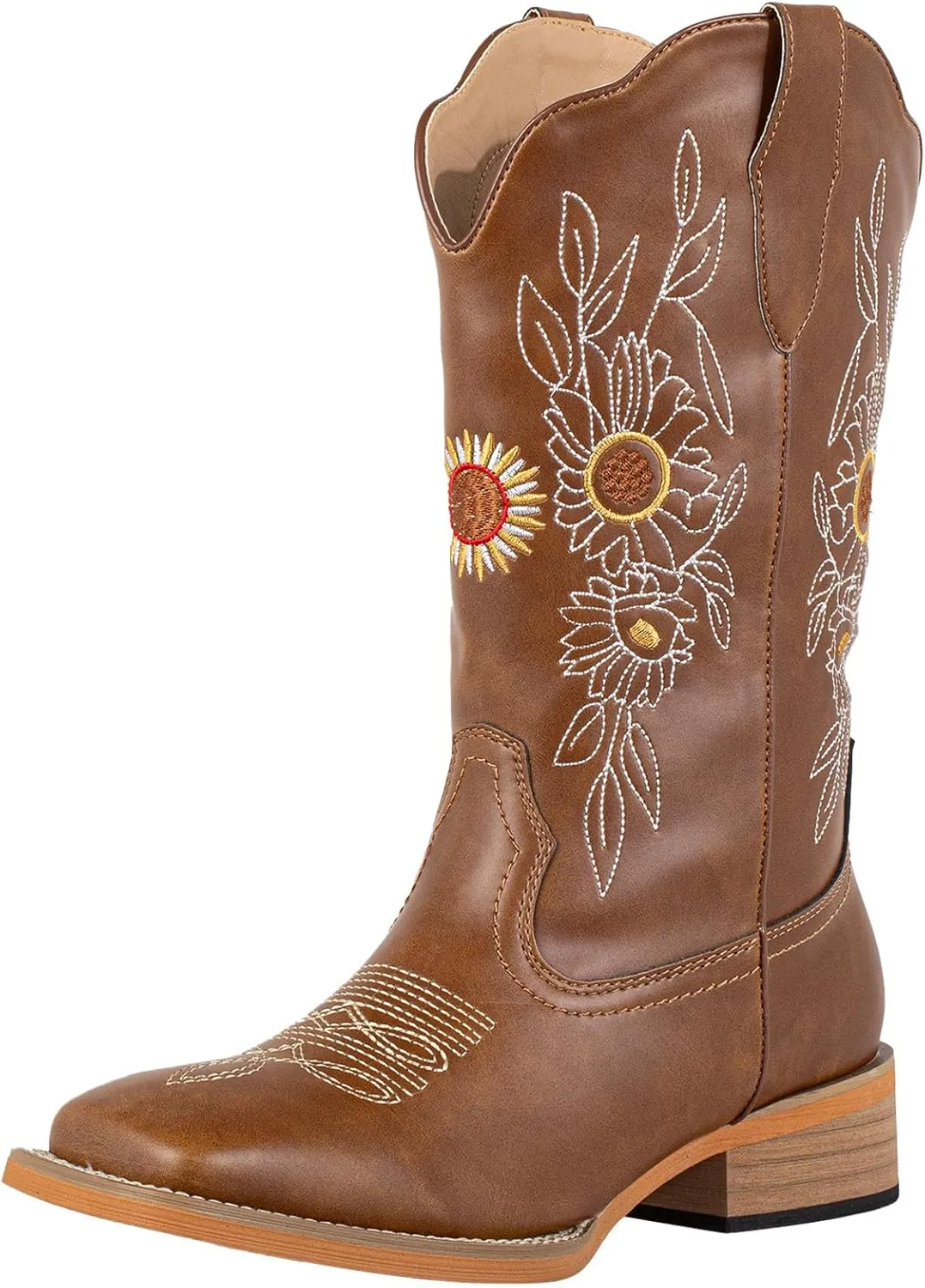 J's.o.l.e Floral Cowboy Boots for Women Square Toe Wide Calf Western Fashion Sunflower Cowgirl Boots