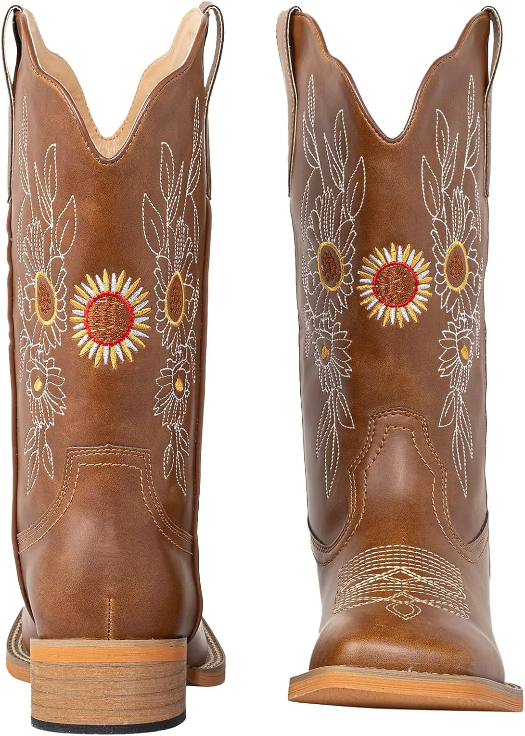 J's.o.l.e Floral Cowboy Boots for Women Square Toe Wide Calf Western Fashion Sunflower Cowgirl Boots