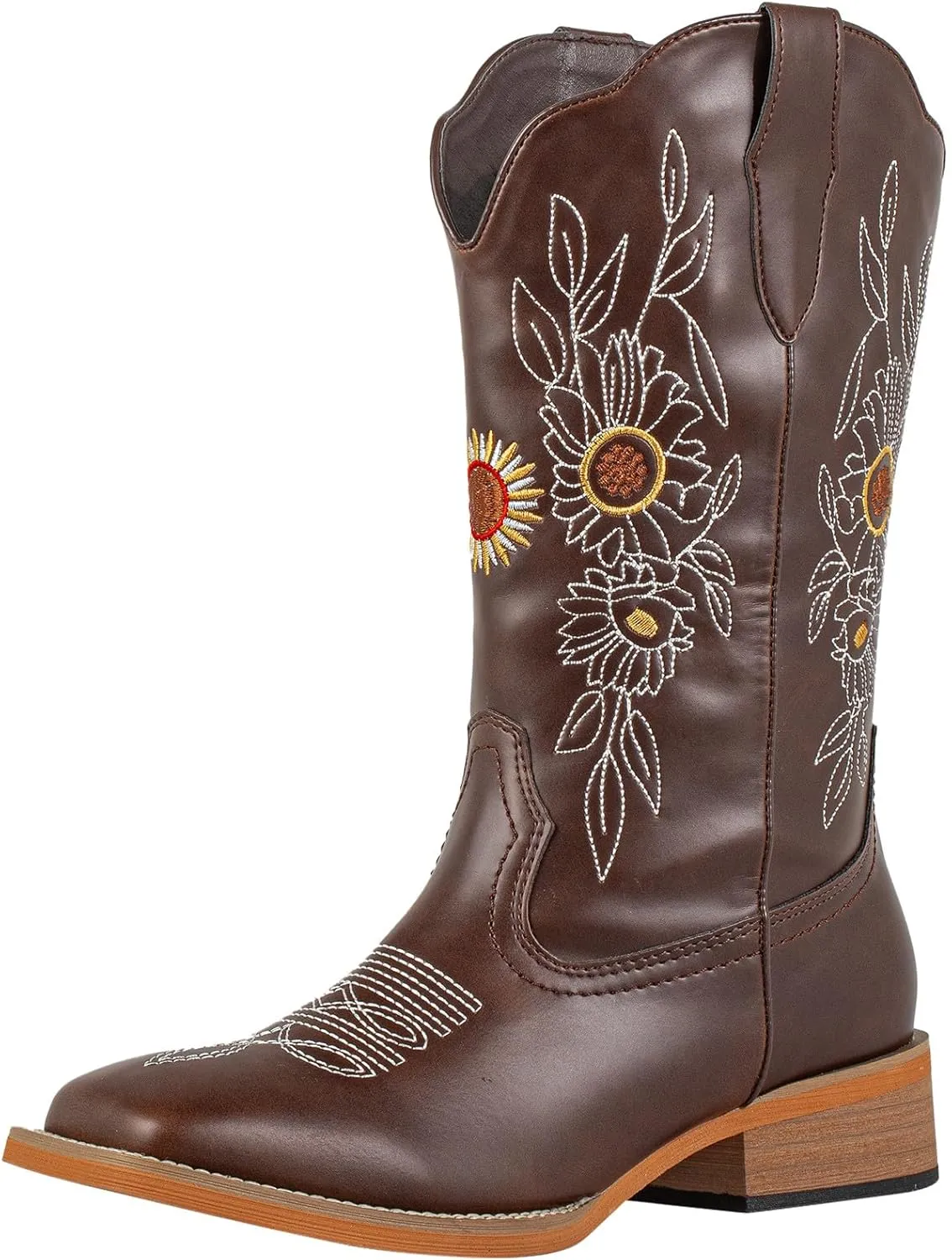 J's.o.l.e Floral Cowboy Boots for Women Square Toe Wide Calf Western Fashion Sunflower Cowgirl Boots