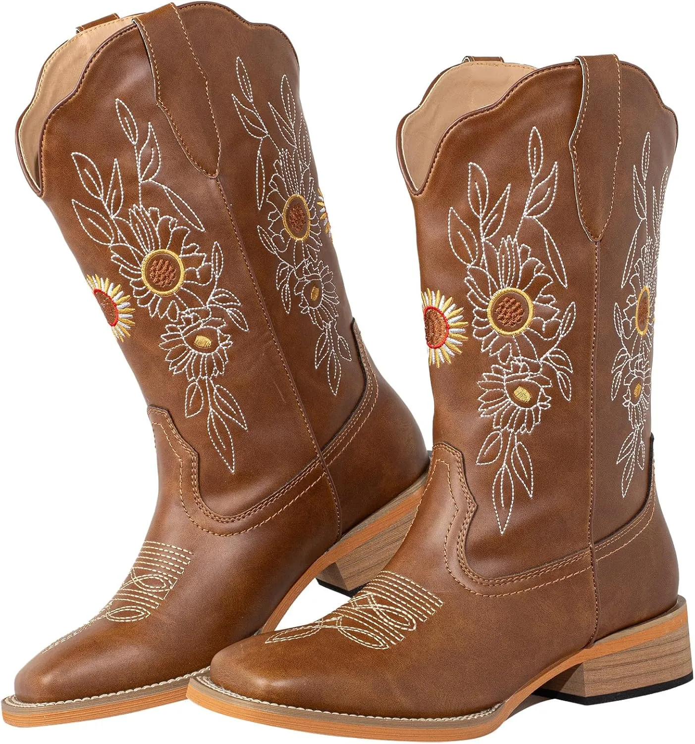 J's.o.l.e Floral Cowboy Boots for Women Square Toe Wide Calf Western Fashion Sunflower Cowgirl Boots