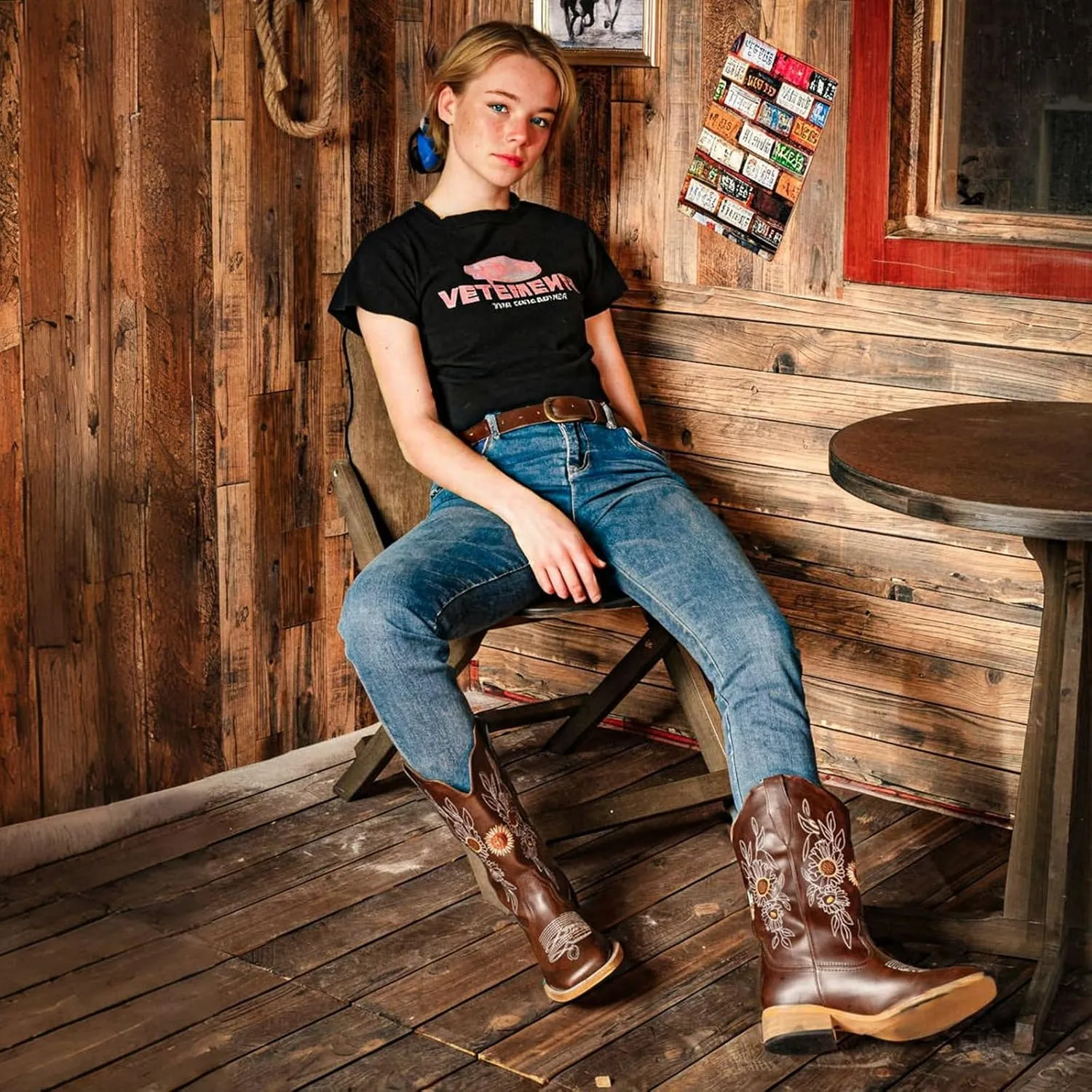 J's.o.l.e Floral Cowboy Boots for Women Square Toe Wide Calf Western Fashion Sunflower Cowgirl Boots