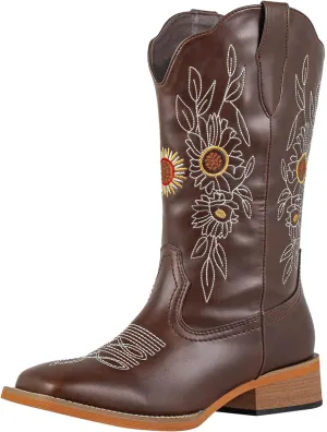 J's.o.l.e Floral Cowboy Boots for Women Square Toe Wide Calf Western Fashion Sunflower Cowgirl Boots