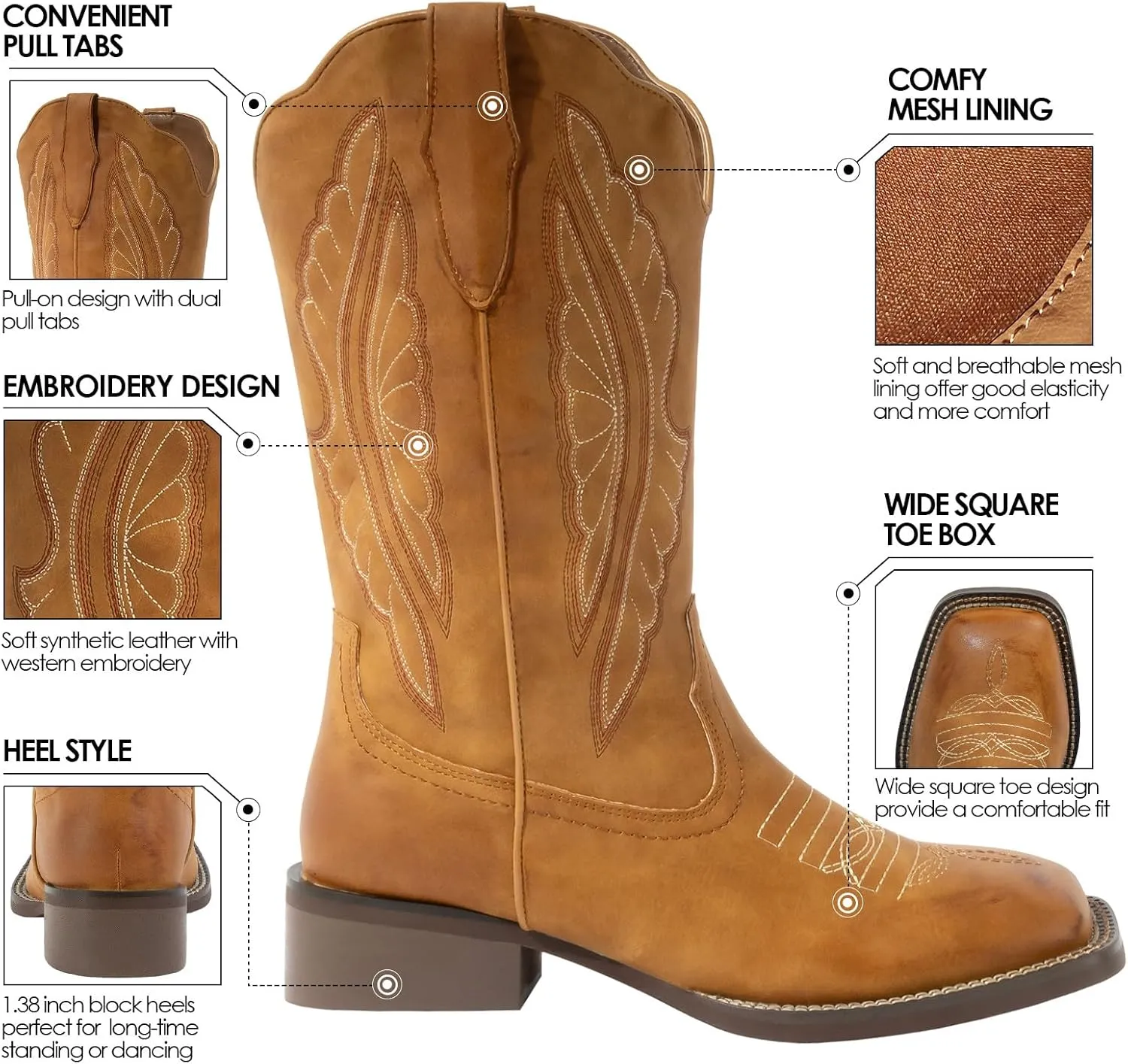 J's.o.l.e Square Toe Cowboy Boots for Women Wide Calf Cowgirl Boots Mid Calf