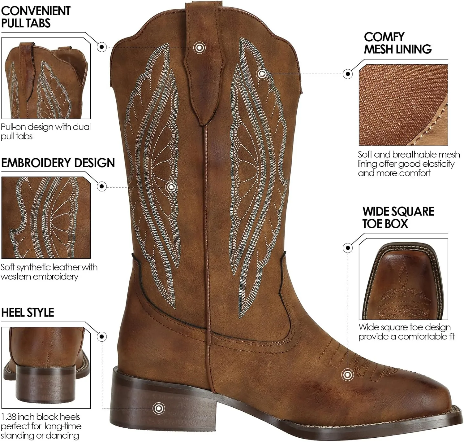 J's.o.l.e Square Toe Cowboy Boots for Women Wide Calf Cowgirl Boots Mid Calf