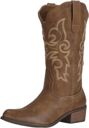 J's.o.l.e Western Cowgirl Cowboy Boots for Women Mid Wide Calf Pointed Toe Riding Country Brown Black Boots