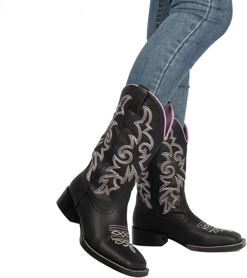 J's.o.l.e Western Wide Calf Cowboy Boots Women Wide Width Square Toe Cowgirl Boots Embroidered Riding Black Brown Boot