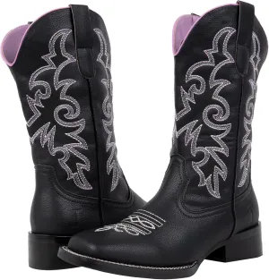J's.o.l.e Western Wide Calf Cowboy Boots Women Wide Width Square Toe Cowgirl Boots Embroidered Riding Black Brown Boot