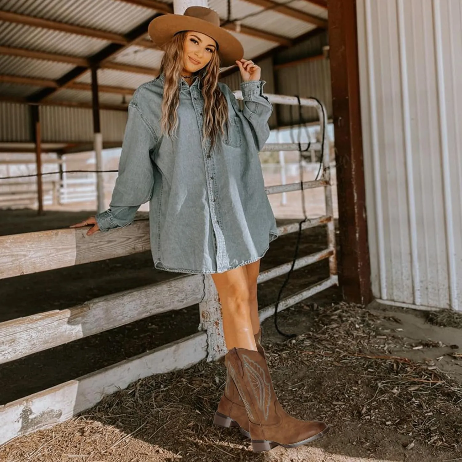 J's.o.l.e Women's Cowboy Boots Square Toe Wide Calf Cowgirl Boots Western Work Boots Embroidered