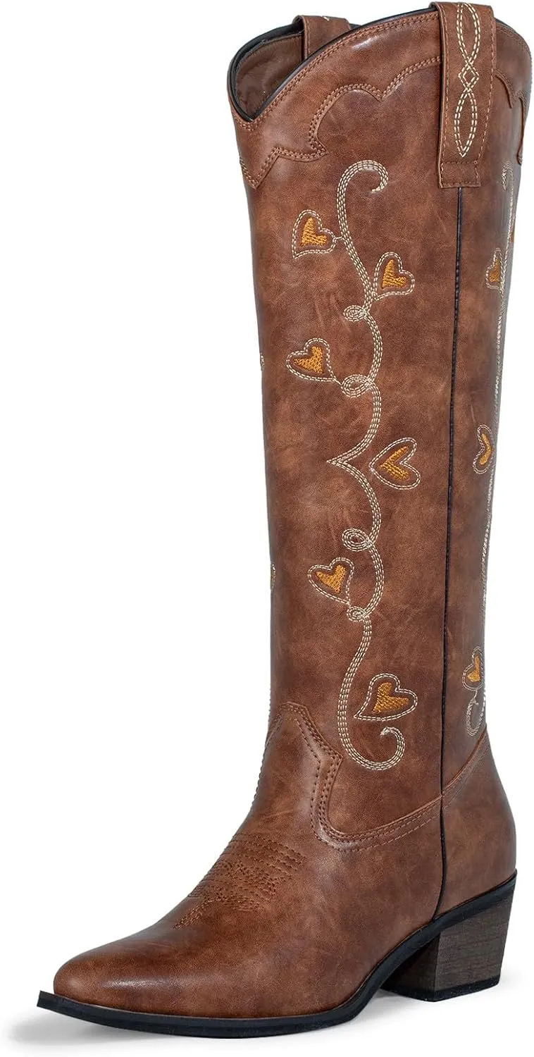J's.o.l.e Women's Knee High Cowboy Boots Wide Calf Snip Toe Fashion Western Cowgirl Boots