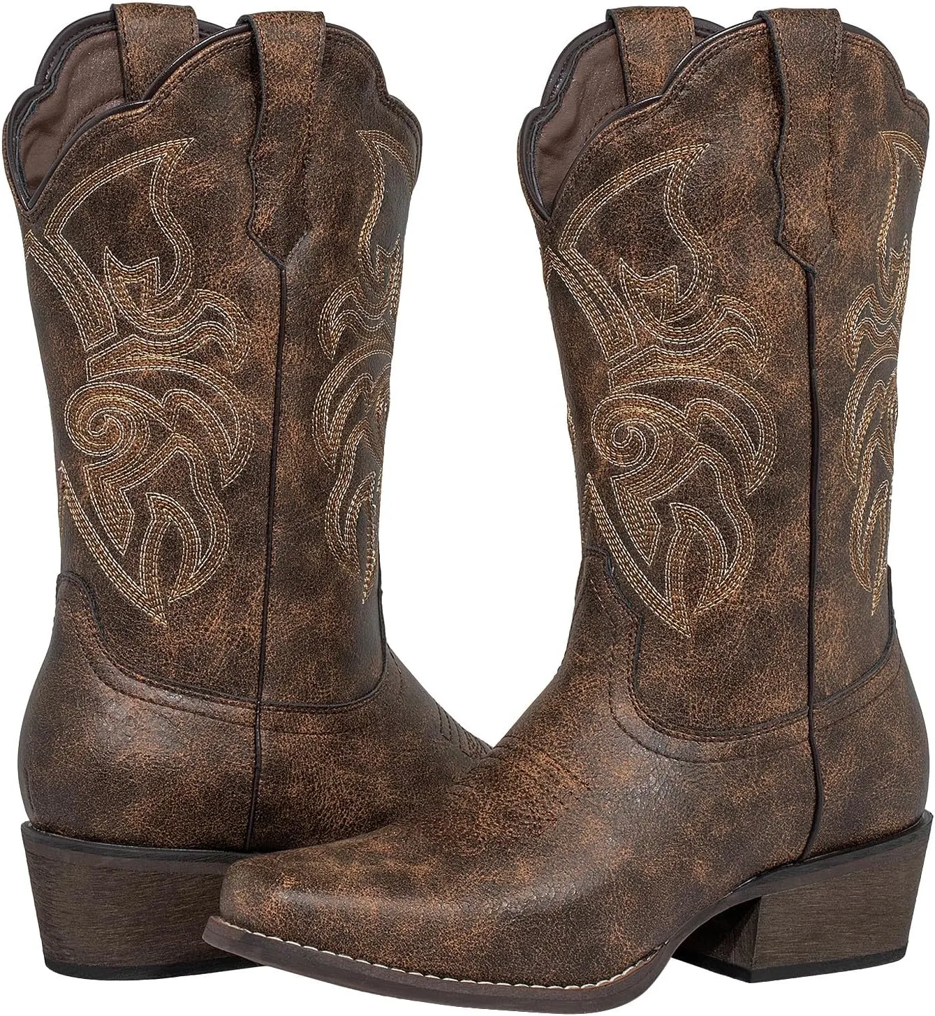 J's.o.l.e Women's Square Toe Cowboy Boots Mid Wide Calf Distressed Western Cowgirl Boots