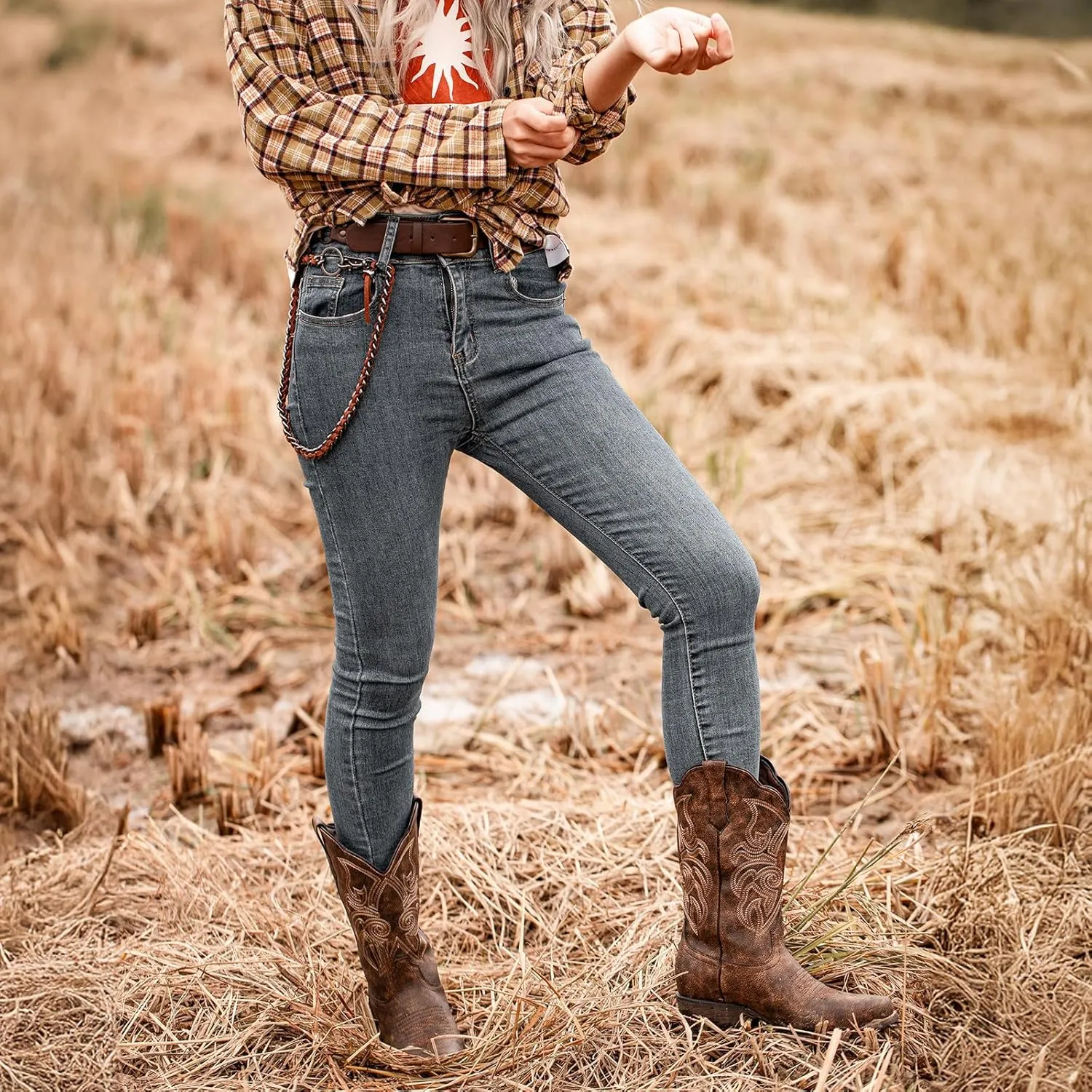 J's.o.l.e Women's Square Toe Cowboy Boots Mid Wide Calf Distressed Western Cowgirl Boots
