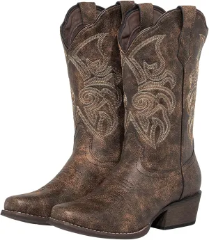 J's.o.l.e Women's Square Toe Cowboy Boots Mid Wide Calf Distressed Western Cowgirl Boots
