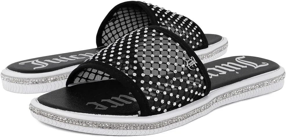 Juicy Couture Women's Slide Sandals - Glitter Bling Open Toe Sparkle Flats - Dressy Summer Casual Footwear