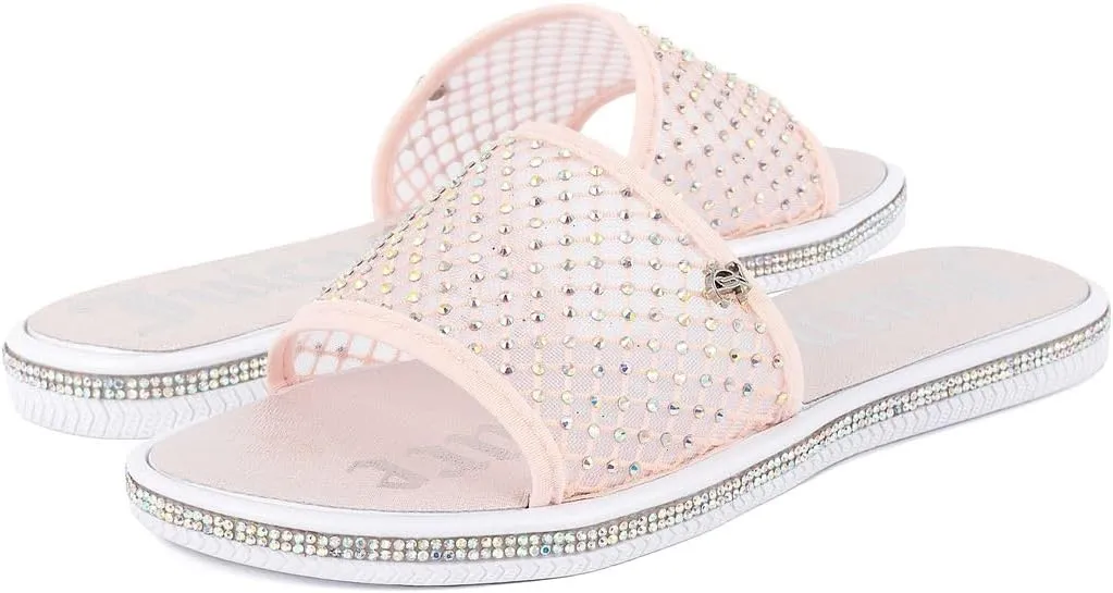 Juicy Couture Women's Slide Sandals - Glitter Bling Open Toe Sparkle Flats - Dressy Summer Casual Footwear