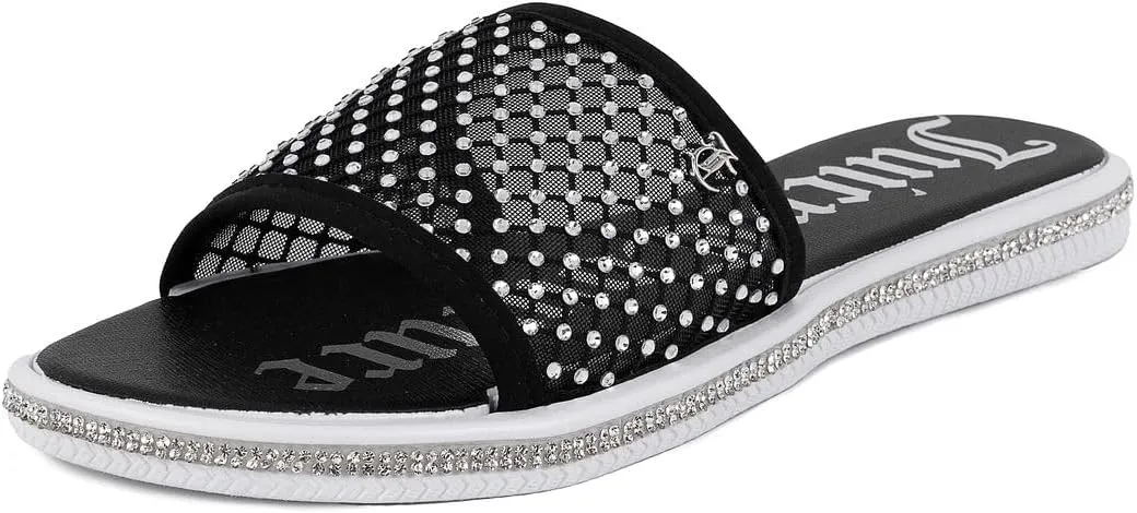Juicy Couture Women's Slide Sandals - Glitter Bling Open Toe Sparkle Flats - Dressy Summer Casual Footwear