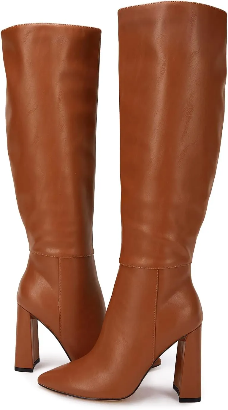 Juliet Holy Womens Pointed Toe Knee-high Boot Wide Calf Chunky Block Side Zipper Go-go Boots