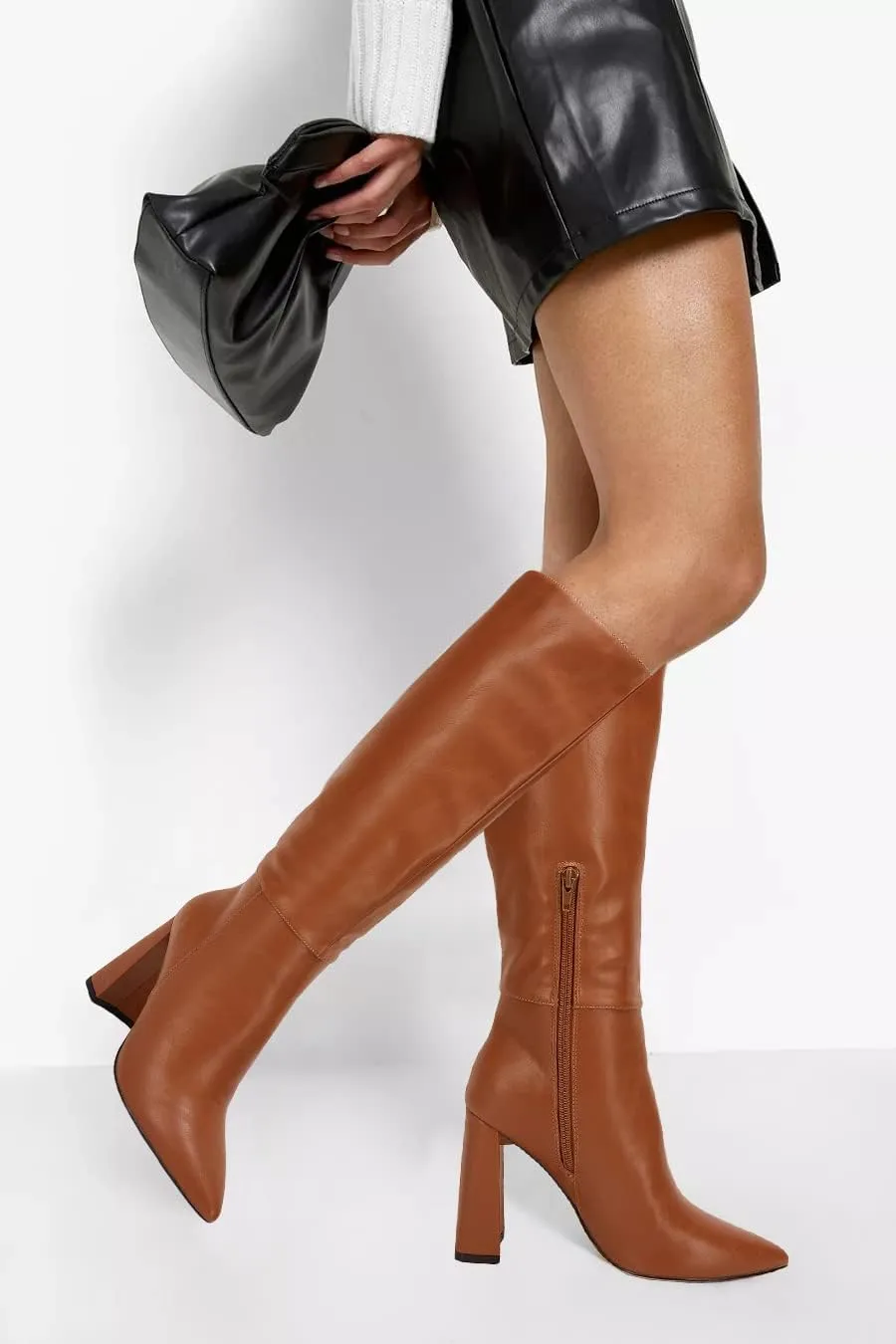 Juliet Holy Womens Pointed Toe Knee-high Boot Wide Calf Chunky Block Side Zipper Go-go Boots