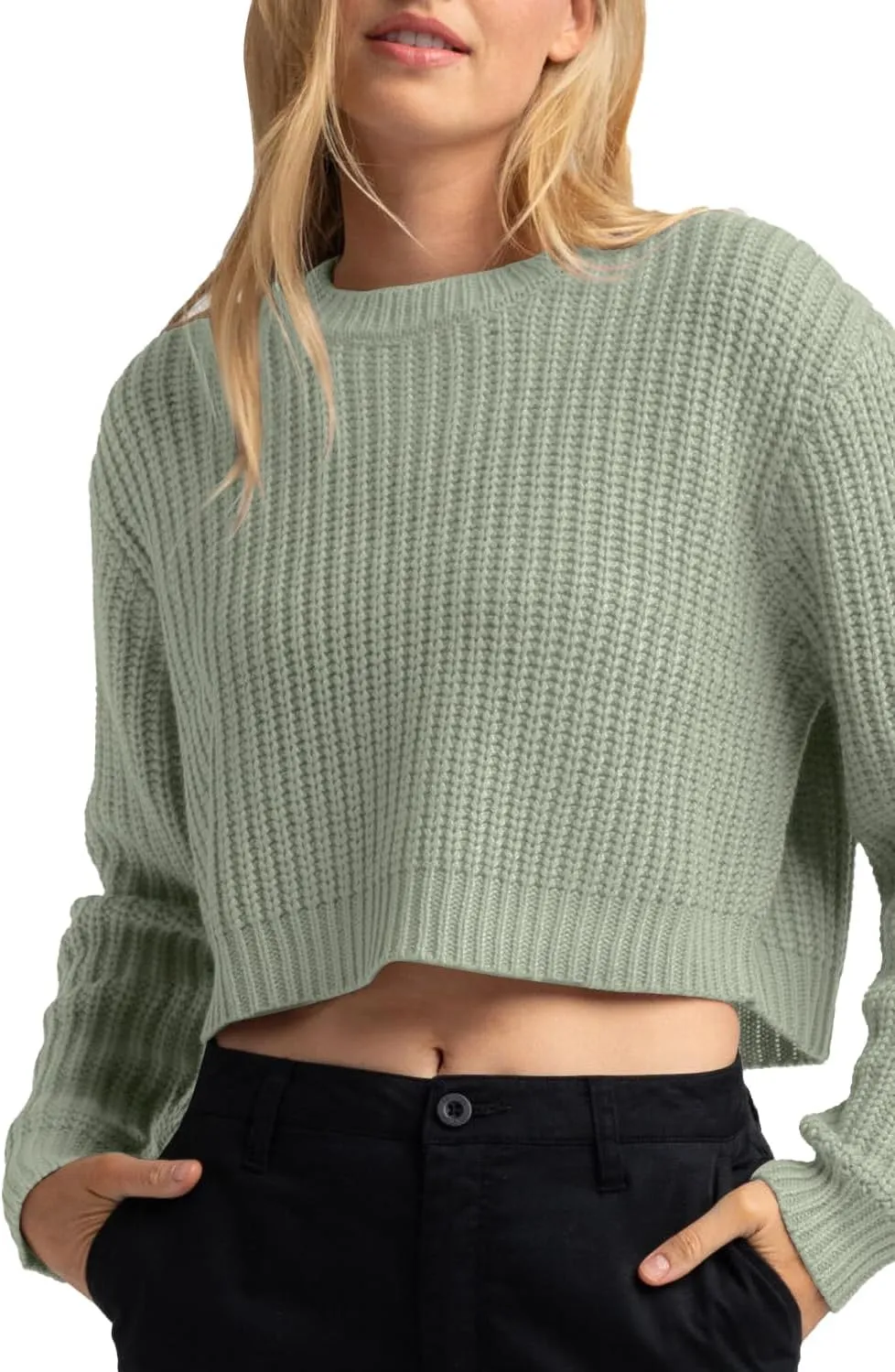 Jumppmile Women's Cropped Sweater Knit Long Sleeve Crewneck Soft Pullover Sweater Top