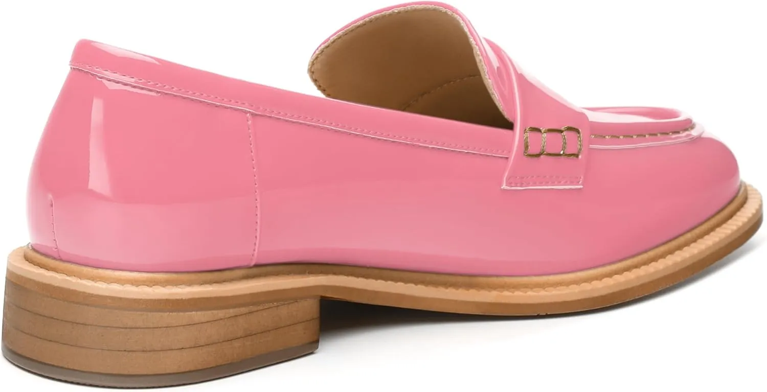 JUSTDANNI Loafers for Women Slip On Shoes with Round Toe 1.2-Inch Low Chunky Block Heel Patent Comfortable Casual Dress Pump Shoes for Wedding Party Work Shopping Dating