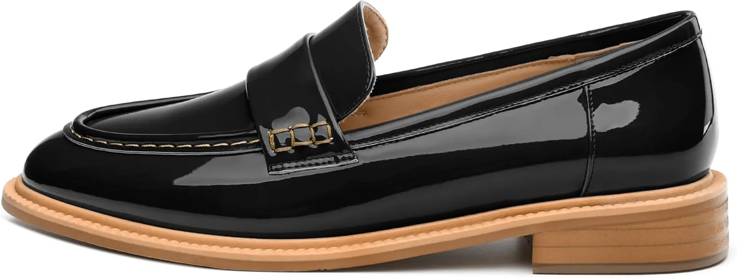 JUSTDANNI Loafers for Women Slip On Shoes with Round Toe 1.2-Inch Low Chunky Block Heel Patent Comfortable Casual Dress Pump Shoes for Wedding Party Work Shopping Dating