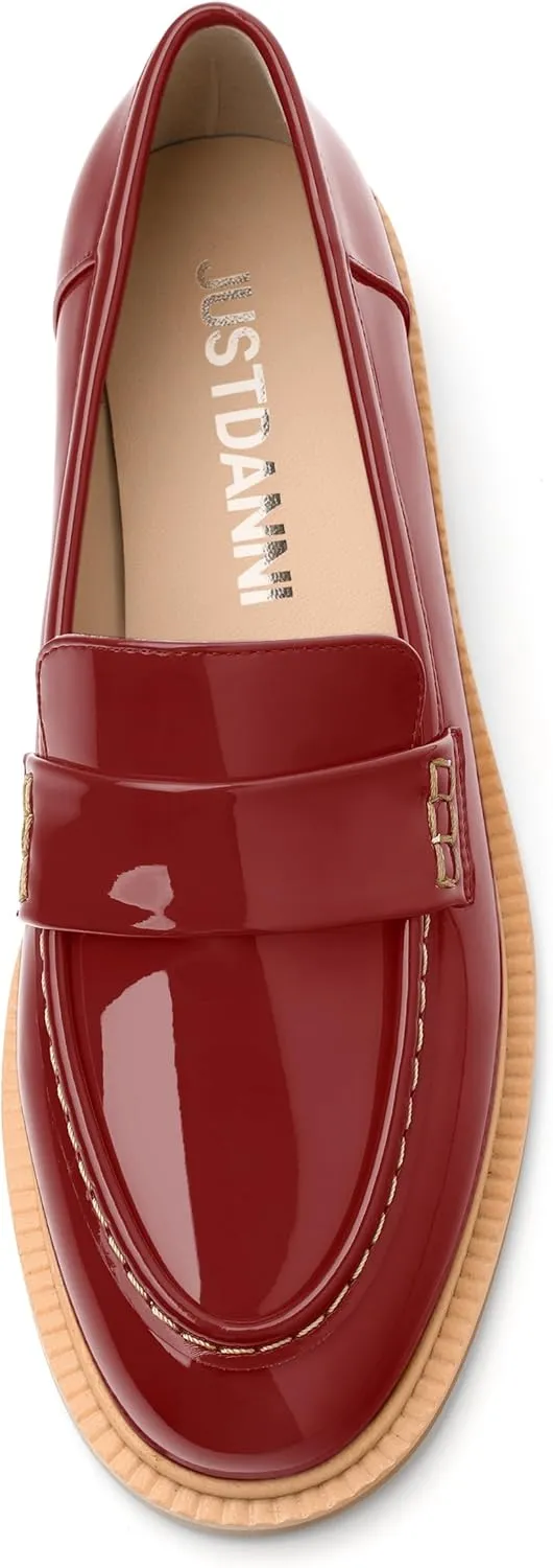 JUSTDANNI Loafers for Women Slip On Shoes with Round Toe 1.2-Inch Low Chunky Block Heel Patent Comfortable Casual Dress Pump Shoes for Wedding Party Work Shopping Dating