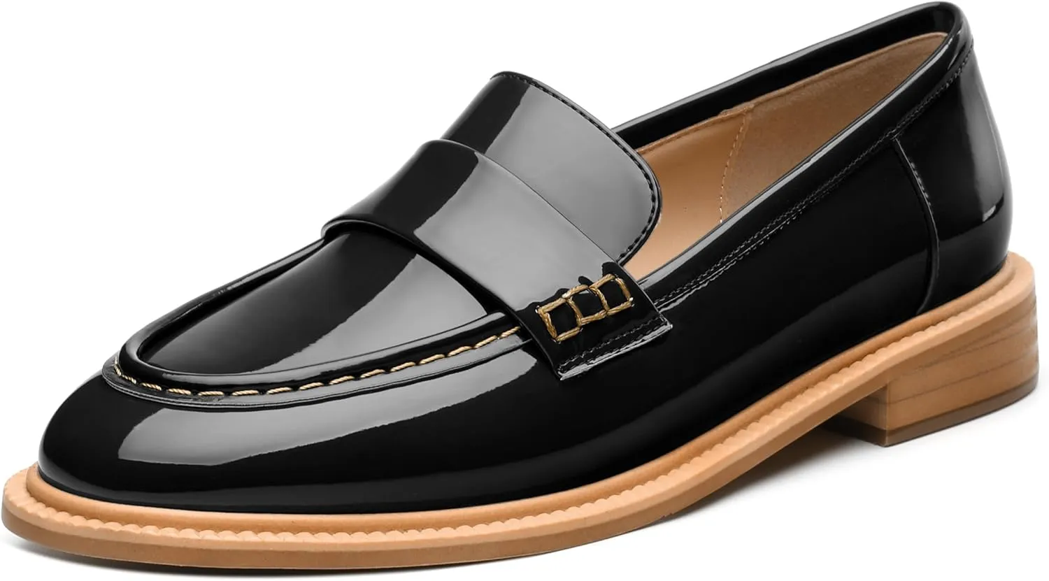JUSTDANNI Loafers for Women Slip On Shoes with Round Toe 1.2-Inch Low Chunky Block Heel Patent Comfortable Casual Dress Pump Shoes for Wedding Party Work Shopping Dating