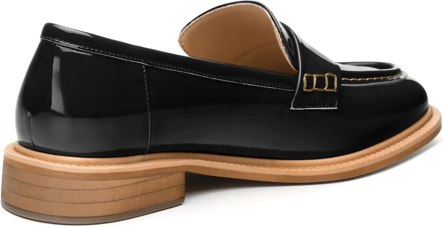 JUSTDANNI Loafers for Women Slip On Shoes with Round Toe 1.2-Inch Low Chunky Block Heel Patent Comfortable Casual Dress Pump Shoes for Wedding Party Work Shopping Dating