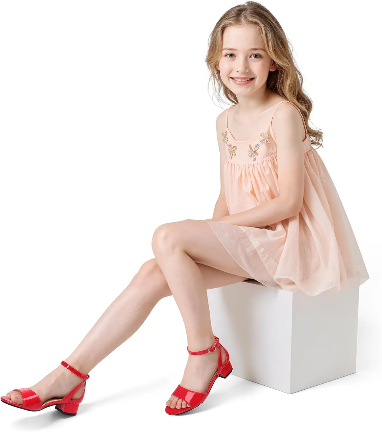 K KomForme Girls Sandals Low Chunky Heels Dress Pumps Ankle Strap Open Toe Flower Wedding Party Dress Shoes for Toddler/Little Kid/Big Kid