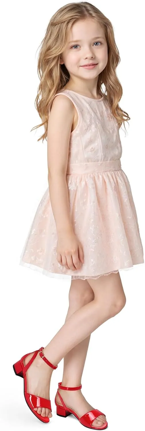K KomForme Girls Sandals Low Chunky Heels Dress Pumps Ankle Strap Open Toe Flower Wedding Party Dress Shoes for Toddler/Little Kid/Big Kid