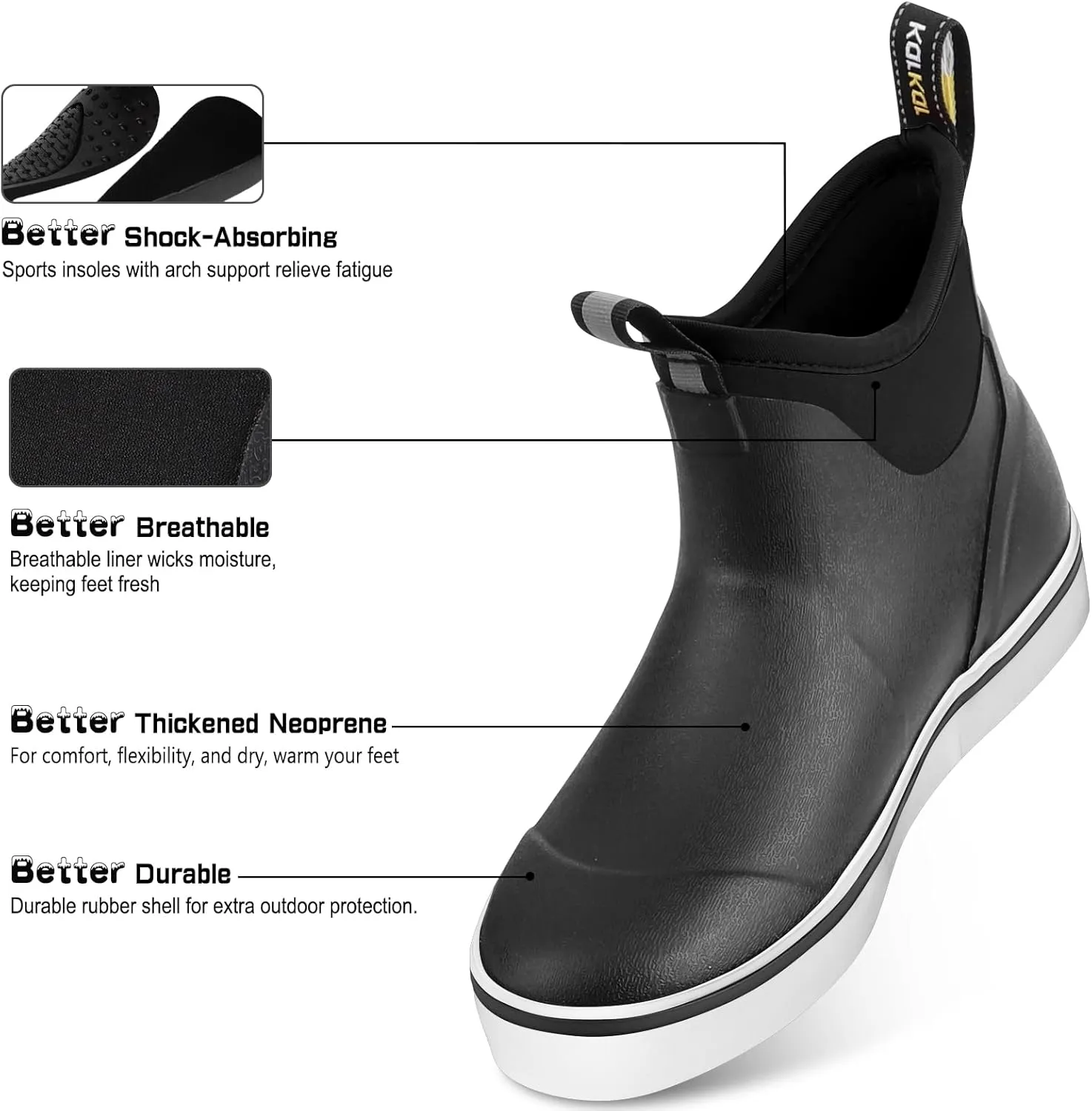 Kalkal Men's Deck Boots, Waterproof Fishing Rain Boots with High Traction, Men's Rubber Boots For Gardening Fishing Boating Camping Sailing