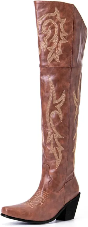 Kalstage Knee High Cowboy Boots for Women Pointed Toe Embroidered Western Boots with Side Zipper Chunky Corks Over the Knee Boots Black Brown White Cowgirl Boots