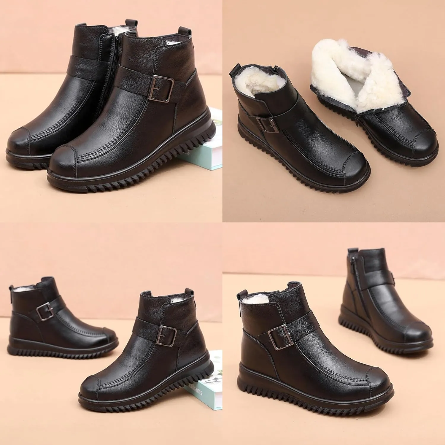 Keilinia Women's High-top Casual Leather Ankle Boots,Winter Wool Lined Soft Waterproof Non-Slip Buckle Snow Booties