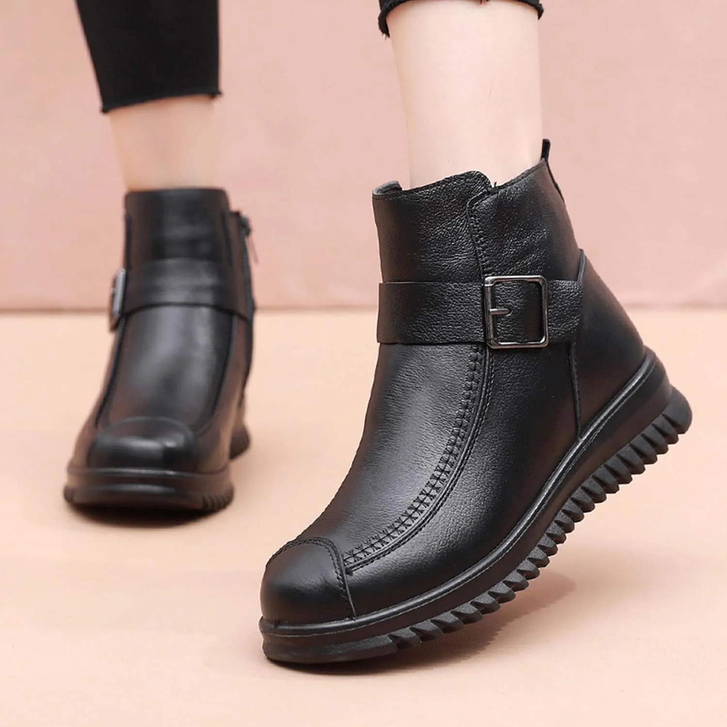 Keilinia Women's High-top Casual Leather Ankle Boots,Winter Wool Lined Soft Waterproof Non-Slip Buckle Snow Booties