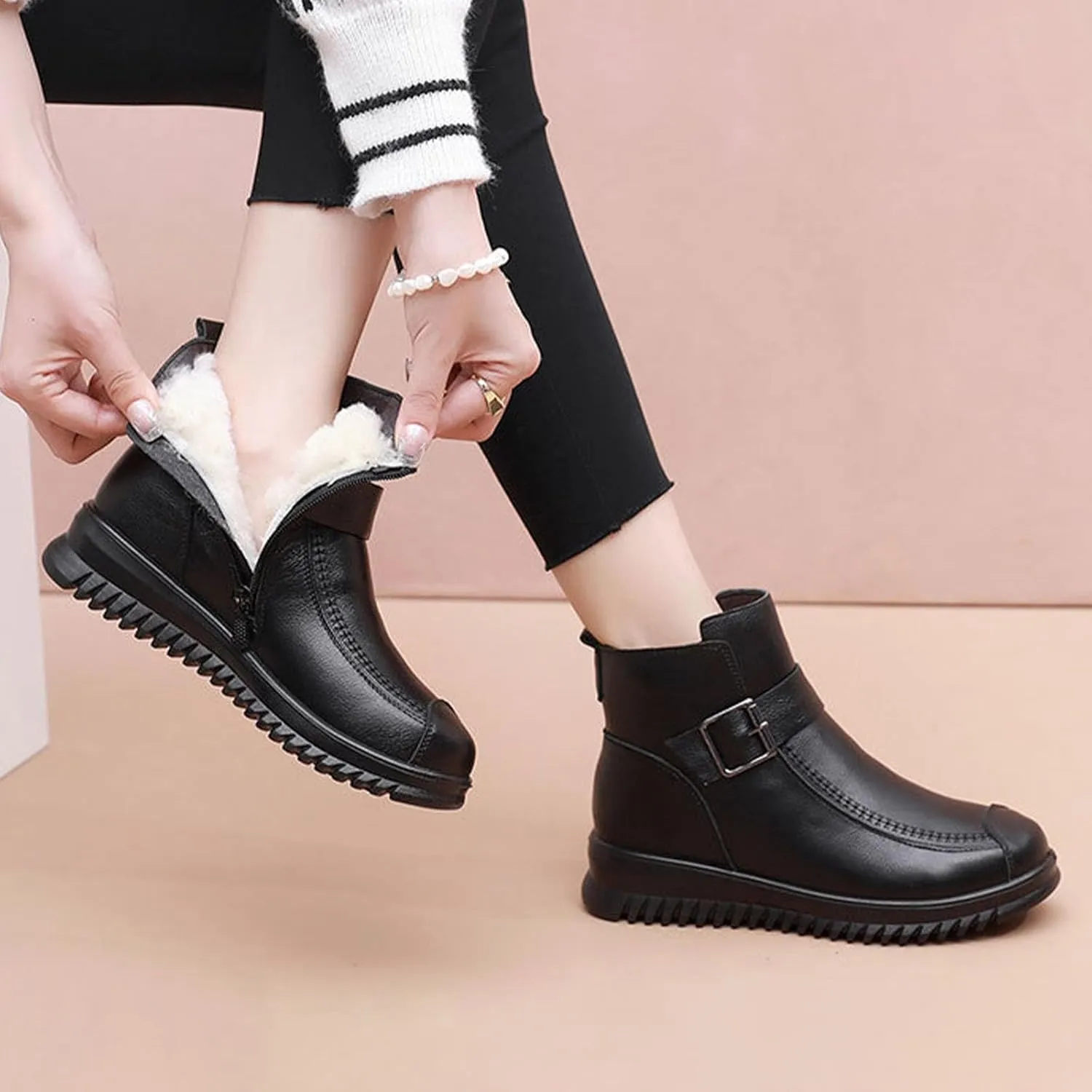 Keilinia Women's High-top Casual Leather Ankle Boots,Winter Wool Lined Soft Waterproof Non-Slip Buckle Snow Booties