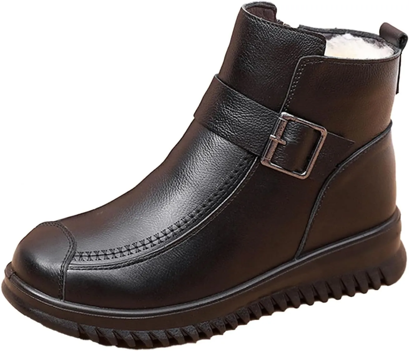 Keilinia Women's High-top Casual Leather Ankle Boots,Winter Wool Lined Soft Waterproof Non-Slip Buckle Snow Booties
