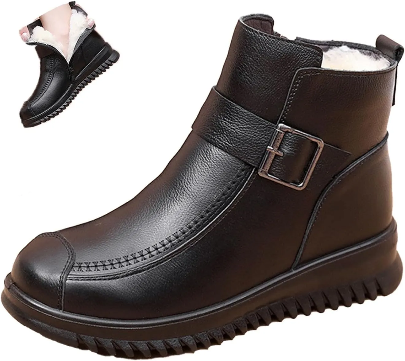 Keilinia Women's High-top Casual Leather Ankle Boots,Winter Wool Lined Soft Waterproof Non-Slip Buckle Snow Booties