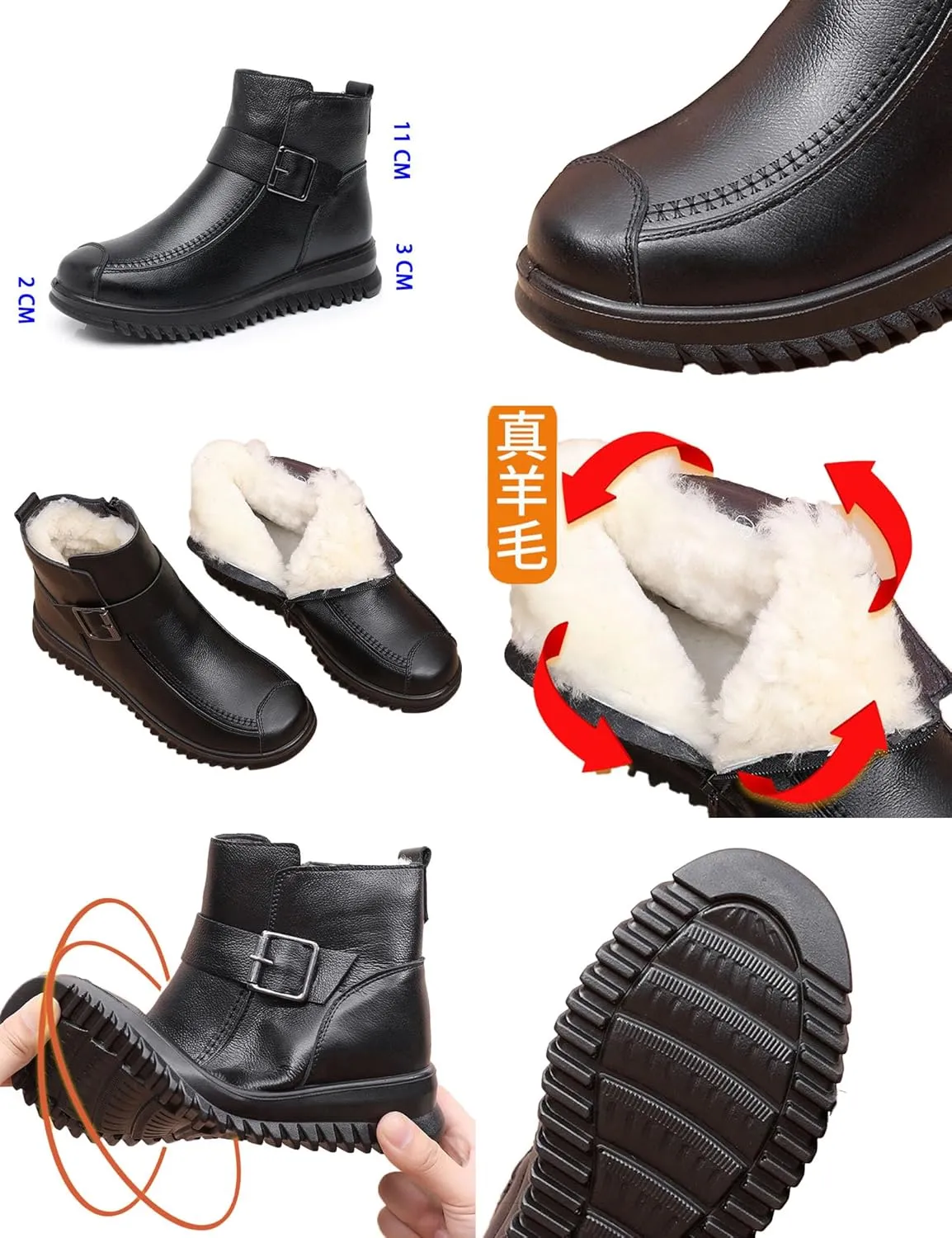 Keilinia Women's High-top Casual Leather Ankle Boots,Winter Wool Lined Soft Waterproof Non-Slip Buckle Snow Booties