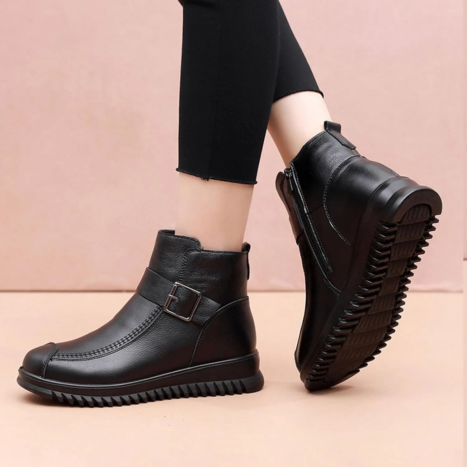 Keilinia Women's High-top Casual Leather Ankle Boots,Winter Wool Lined Soft Waterproof Non-Slip Buckle Snow Booties