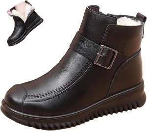 Keilinia Women's High-top Casual Leather Ankle Boots,Winter Wool Lined Soft Waterproof Non-Slip Buckle Snow Booties