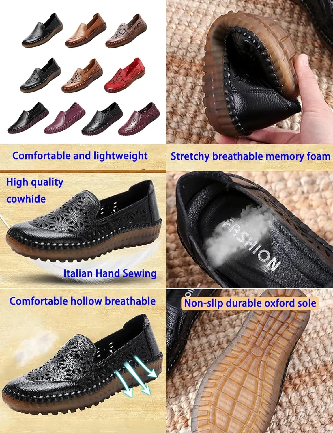 Keilinia Women's Leather Loafers Slip-on Casual Shoes,Comfort Hollow Breathe Hand-Stitching Non-Slip Ox Softsole Walking Flats