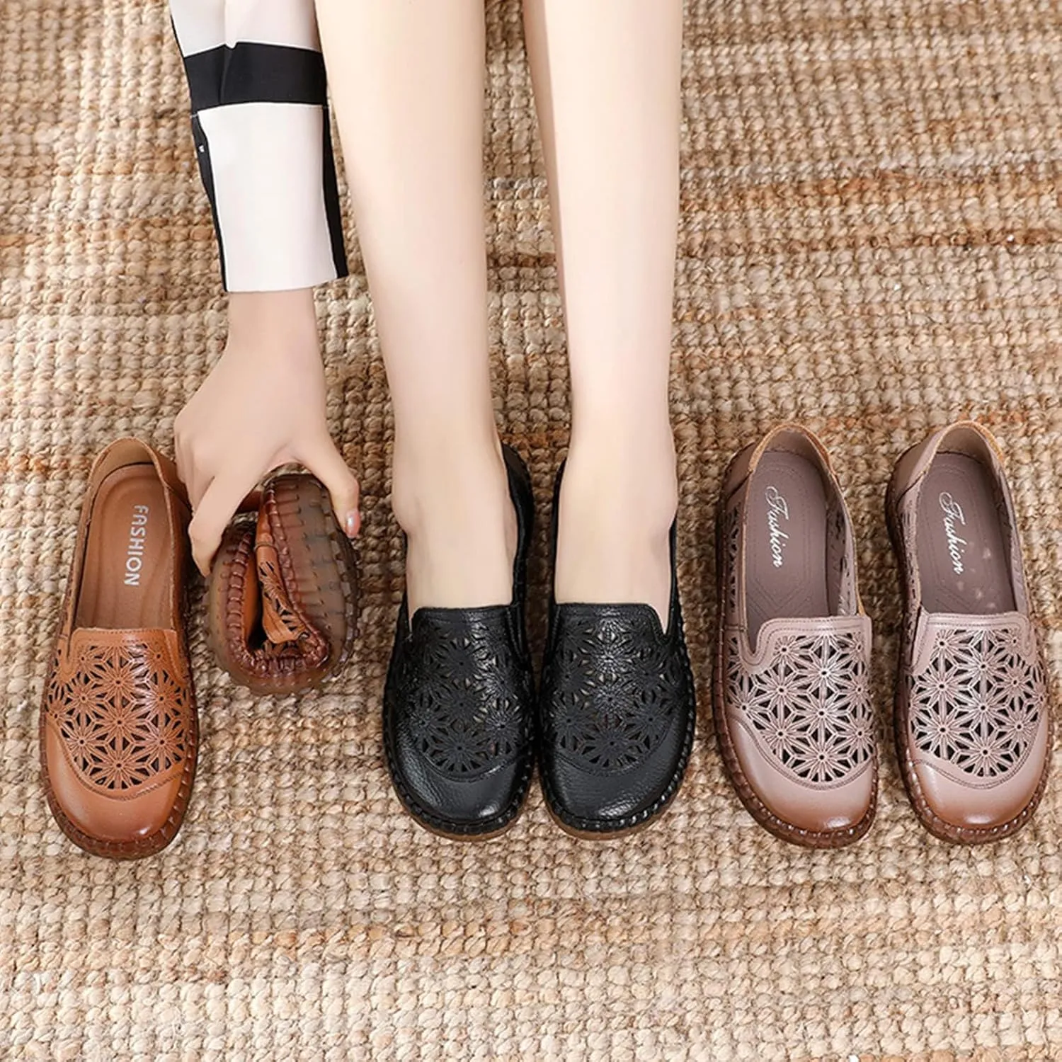 Keilinia Women's Leather Loafers Slip-on Casual Shoes,Comfort Hollow Breathe Hand-Stitching Non-Slip Ox Softsole Walking Flats