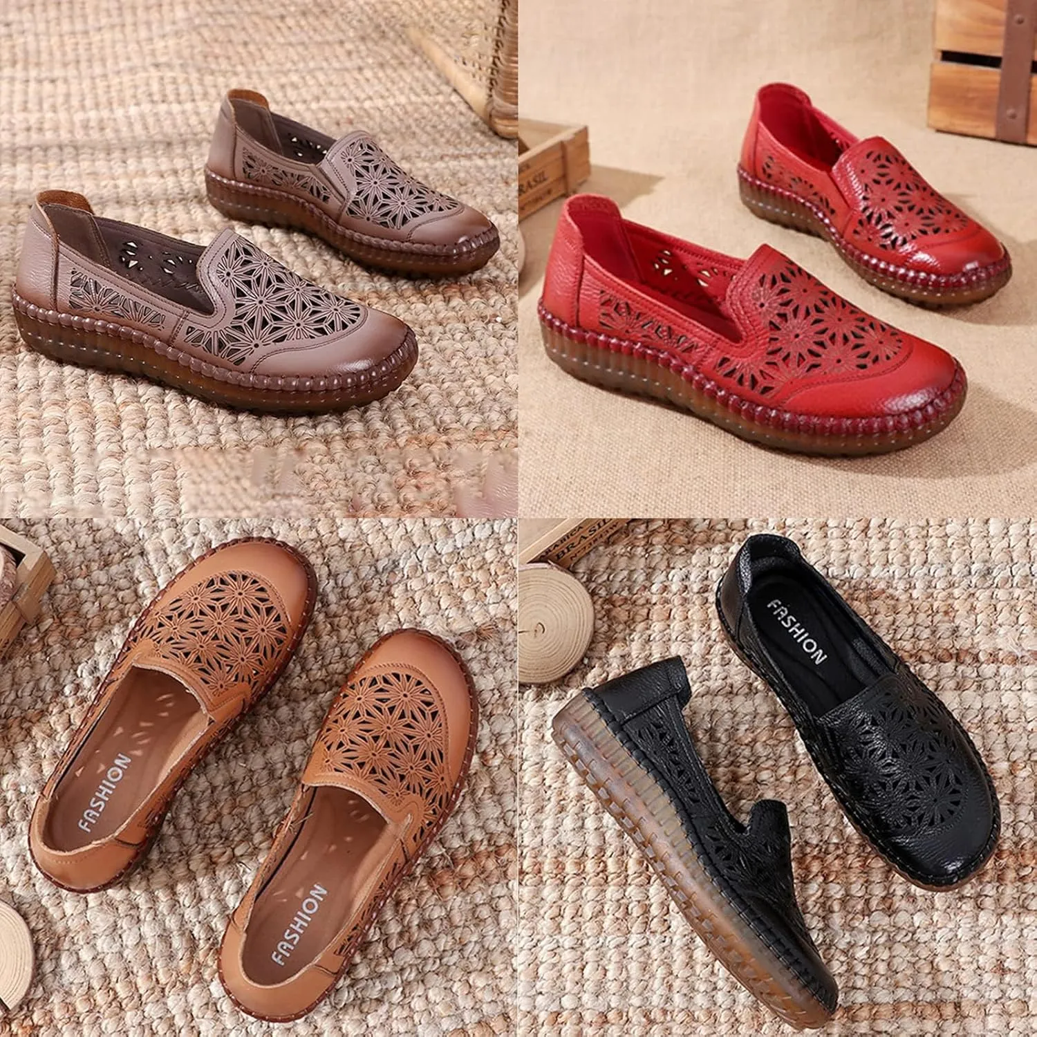 Keilinia Women's Leather Loafers Slip-on Casual Shoes,Comfort Hollow Breathe Hand-Stitching Non-Slip Ox Softsole Walking Flats