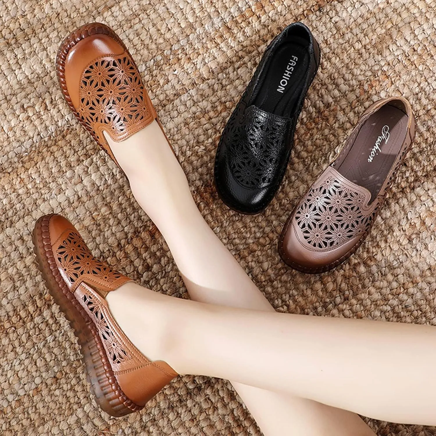 Keilinia Women's Leather Loafers Slip-on Casual Shoes,Comfort Hollow Breathe Hand-Stitching Non-Slip Ox Softsole Walking Flats