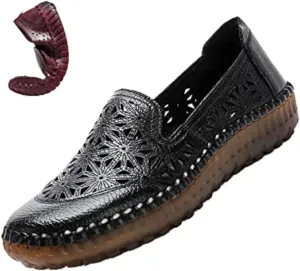 Keilinia Women's Leather Loafers Slip-on Casual Shoes,Comfort Hollow Breathe Hand-Stitching Non-Slip Ox Softsole Walking Flats
