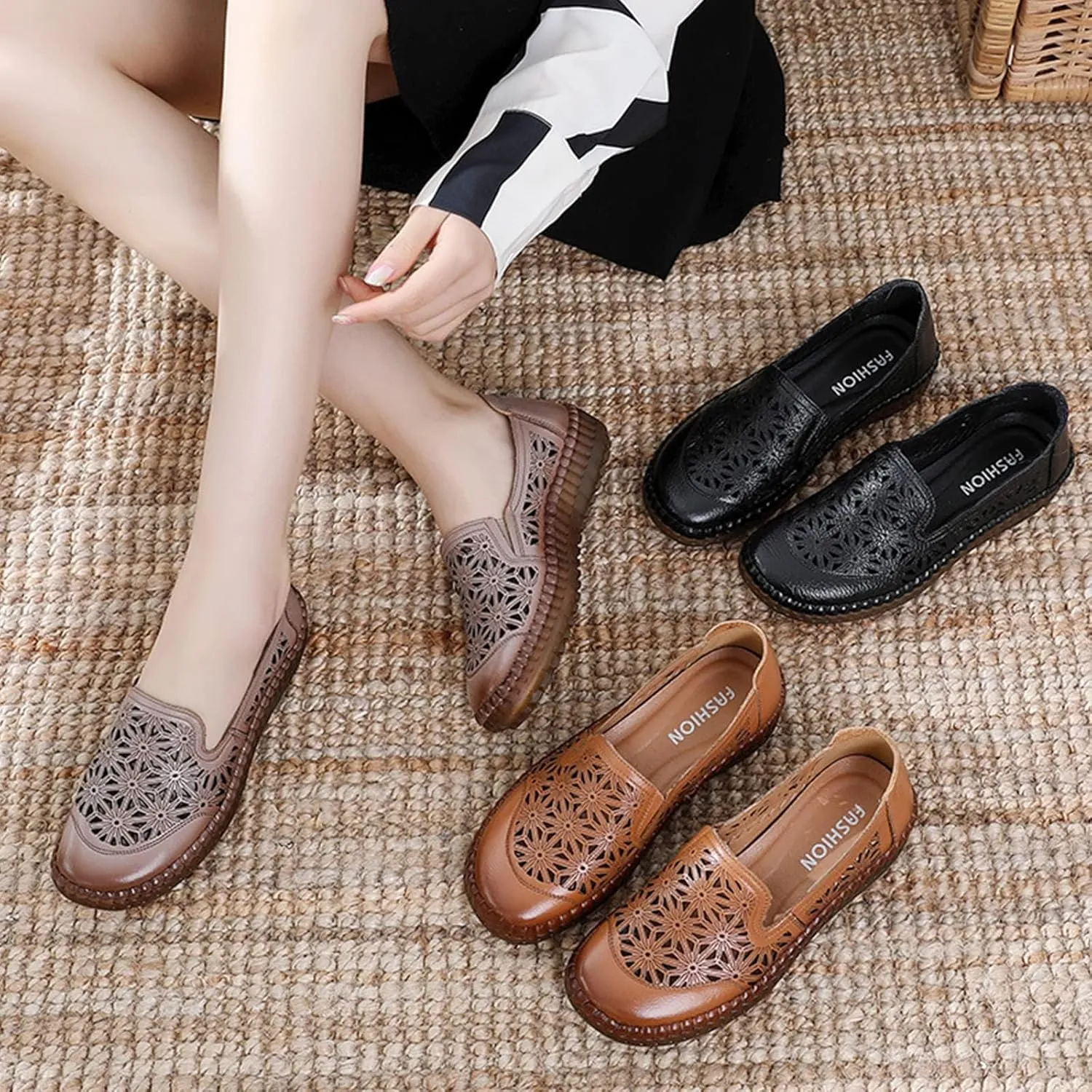 Keilinia Women's Leather Loafers Slip-on Casual Shoes,Comfort Hollow Breathe Hand-Stitching Non-Slip Ox Softsole Walking Flats
