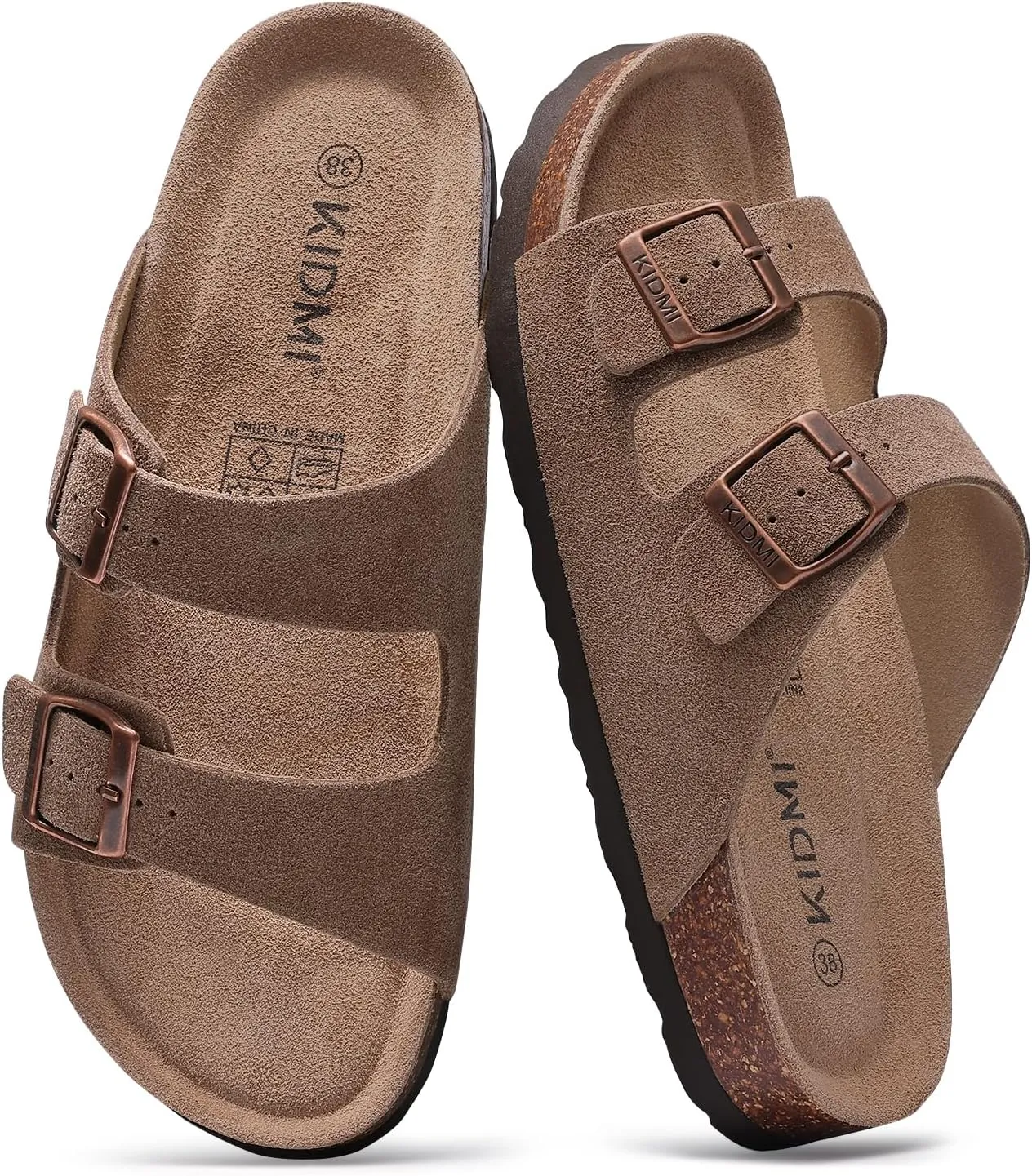 KIDMI Women's Genuine Suede Sandals Cork Footbed Summer Adjustable Slide Sandals