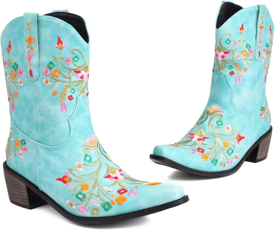 KISSASA Floral Ankle Cowboy Boots Embroidered Snip Toe Cowgirl Boots Stacked Heel Western Ankle Boots